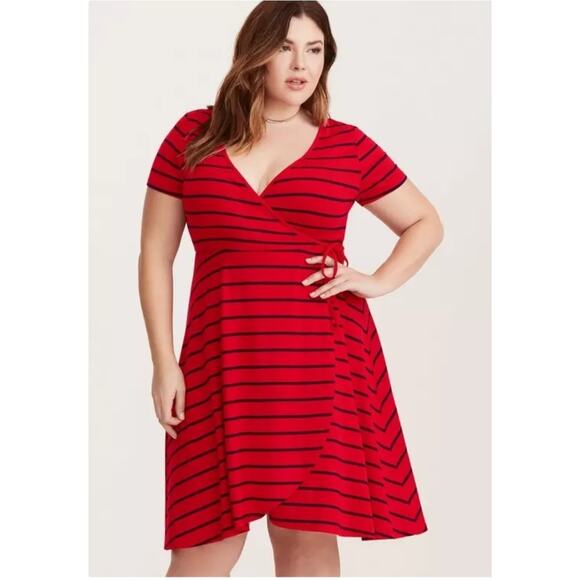 torrid Dresses & Skirts - Torrid Womens Red & Blue Striped Wrap Knit Jersey Short Sleeve Plus Size 3XL